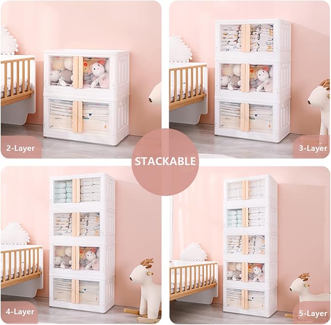 Folding and Stackable Container with Doors and Handles | Storage Container | Storage Organizer | Storage Totes | Trunk Organizer 72 Liter Set of 2 White&ampCream Handle
