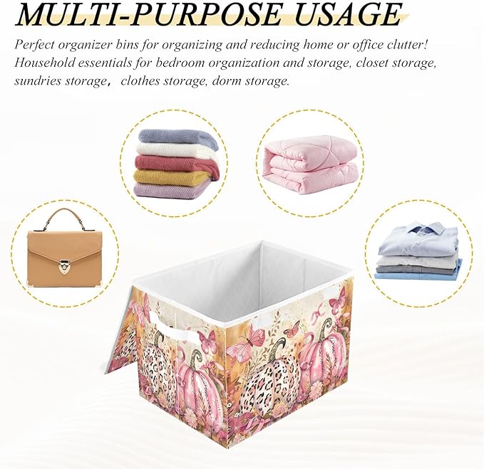 senya Thanksgiving Day Baskets Collapsible Storage Bins with Lids Fall Pink Pumpkin Butterfly Storage Boxes Clothes Baskets for Organizing