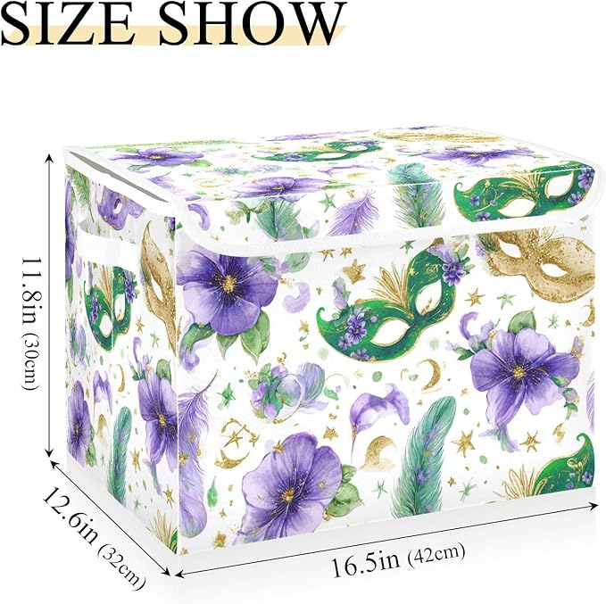 Mardi Gras Masks Flowers White Storage Box with Lid 1 PC Foldable Storage Bin with Lids Stackable Storage Bins Cube Closet Organizer Basket with Flip-Top Lid &amp Handles for Shoes Books Towels