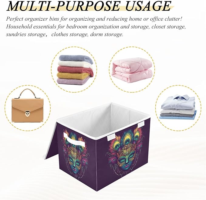 Mardi Gras Storage Baskets with Lids Carnival Mask Collapsible Bins Stackable Fabric Linen Baskets Closet Organizer Container 16.5x12.6x11.8