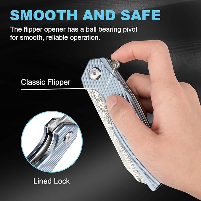 Zingbee Damascus Pocket Knife 3.46 Damascus Steel Blade EDC Pocket Knives &amp Folding Knives for Men Women Blue Non-Slip Handle