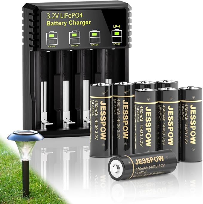 14430 3.2 Volt Rechargeable Solar Battery with Charger JESSPOW Rechargeable LiFePo4 Batteries [ 450mAh 3.2V 8Pack ] for Outdoor Garden Light Solar Panel Light Shaver Flashlight (NOT AA Battery)