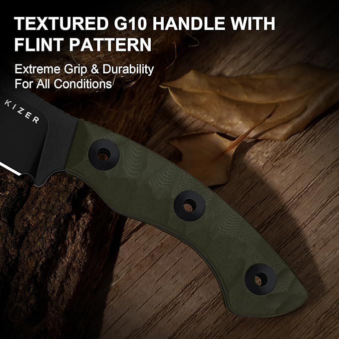Kizer Rook Fixed Blade Knife 3.11 Nessmuk-style D2 Blade Hunting Knives with Olive Green G10 Handle Bushcraft Knife with Sheath &amp TekLok for Camping Hunting Survival 1090M1