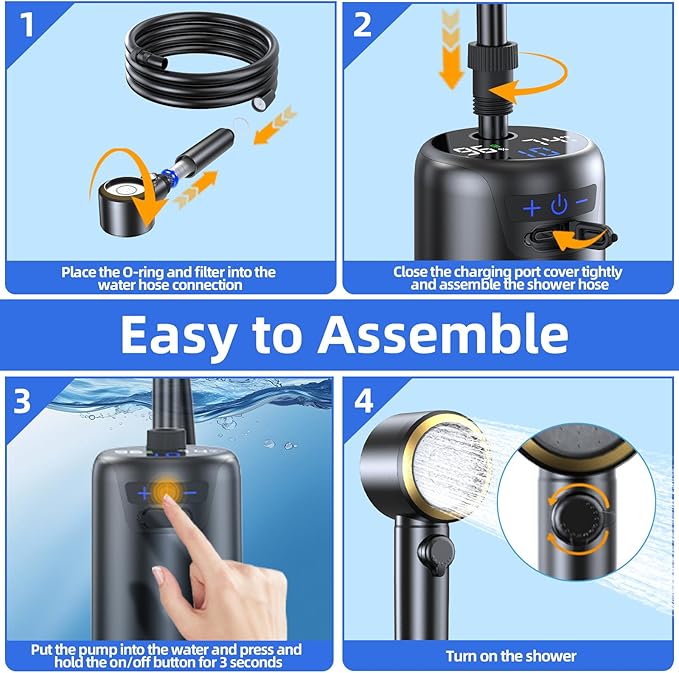 SRNPMIU Portable Camping Shower 8000mAh Rechargeable Outdoor Electric Shower Pump Shower Head with LED Display 3 Spray Mode IPX7 Waterproof Shower Kit for Camp Hiking Car WashingTravel