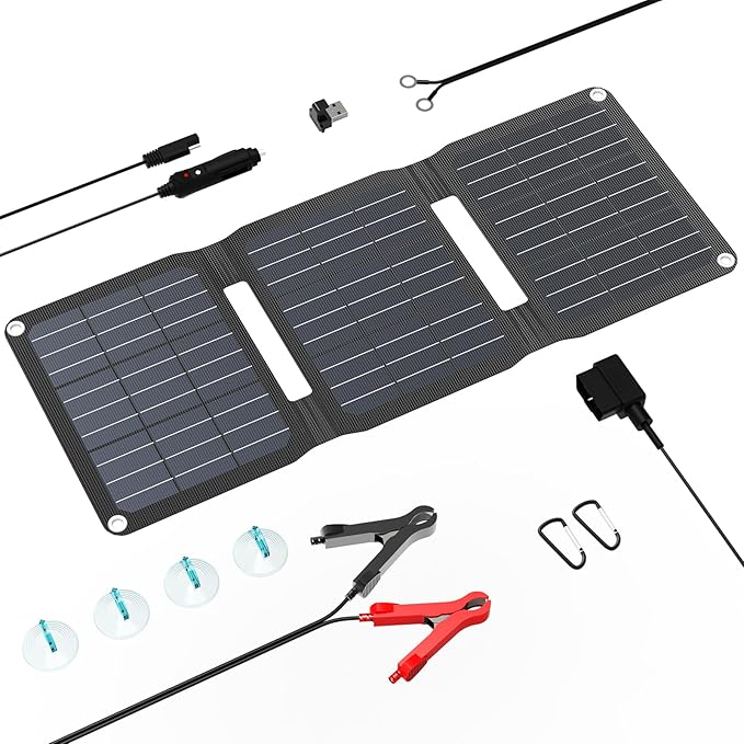 FlexSolar 15W Foldable Solar Panel Trickle Charger Maintainer Kits - 12V DC &amp USB Output with Built-in Controller Includes Cigarette Lighter Alligator Clips O-RingsOBDII Connector for Car Truc