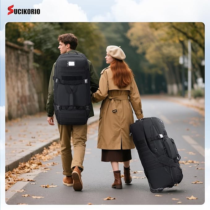 Tactical Travel Duffle Bag with Wheels and Handle 3 in 1 Large 85L XL Rolling Travelling Backpack Waterproof Oxford Carry On Hand Luggage Deployment Bags with Combination Padlock Grey
