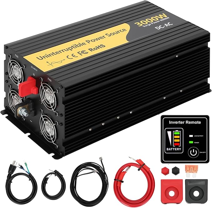 New Upgrade 3000W Pure Sine Wave Inverter Charger Auto Transfer Switch Remote Control DC 12V to 120V AC with LCD Display Ideal for Off-Grid &amp Emergency Power