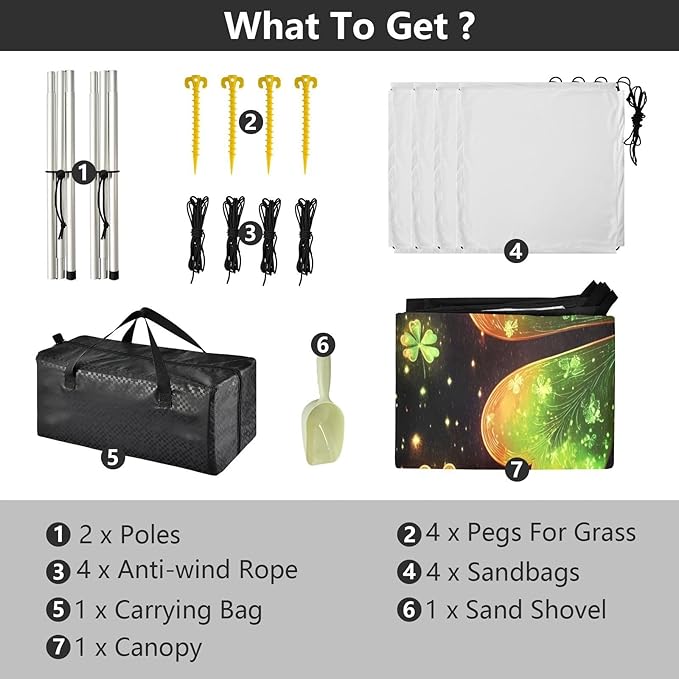 St Patrick's Clovers Glowing Beach Tent Sun Shelter Set UPF50+ UV Protection 10.5 x 9.19 FT Camping Shade Canopy with Sandbags Sand Anchors Carrying Bag and Others