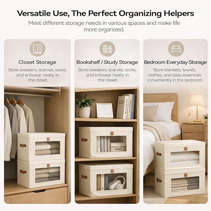 2-Pack Large Storage Bins with LidsStackable&ampCollapsible Closet Storage BinsOxford Fabric Organizer Box with Clear WindowLarge Decorative Storage Boxes for ClosetDorm16.5x11.8x11