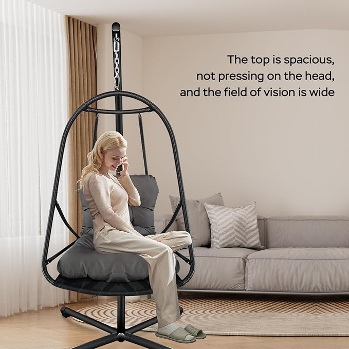 Swing Egg Chair with Stand Indoor Outdoor Wicker Rattan Patio Basket Hanging Chair with C Type Bracket with Cushion and PillowPatio Wicker Folding Hanging Chair(Special Construction Cup Holder