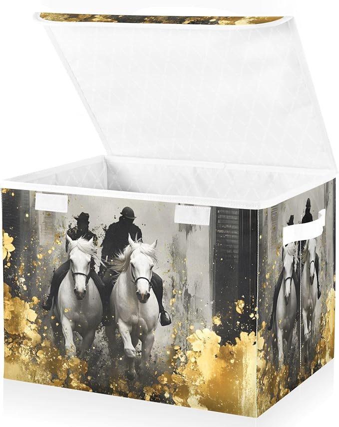 AIXIWAWA Lidded Storage Cube (Horses Gold) Fabric Foldable Closet Bins with Flip Lid and Handles Organizer Basket Container 16.5 x 12.6 x 11.8 IN