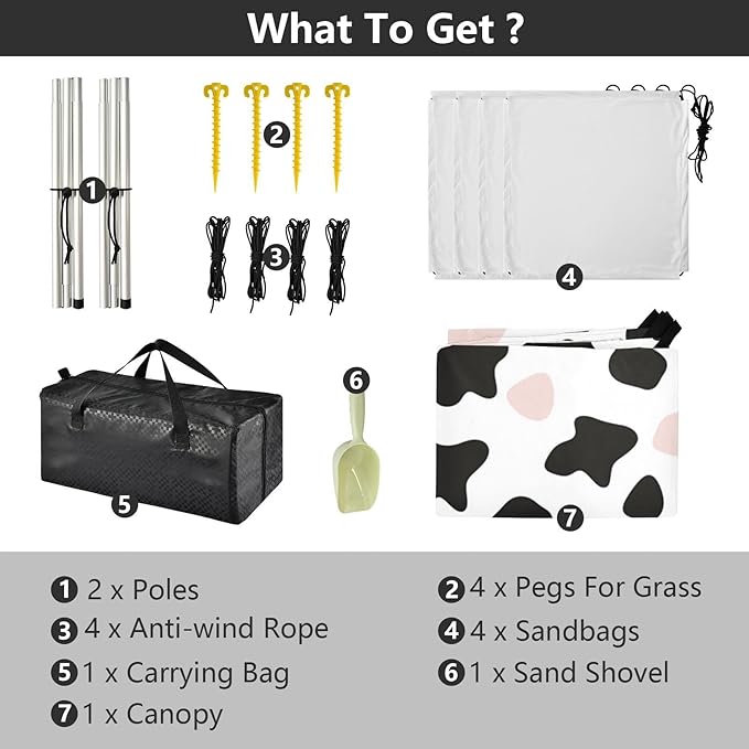 Simple Cow Print Pattern Vector Art Style White Background Pink and White Beach Tent UPF50+ Protection Lightweight Sun Shelter with Sand Shovel for Camping Trips Fishing Backyard Fun or