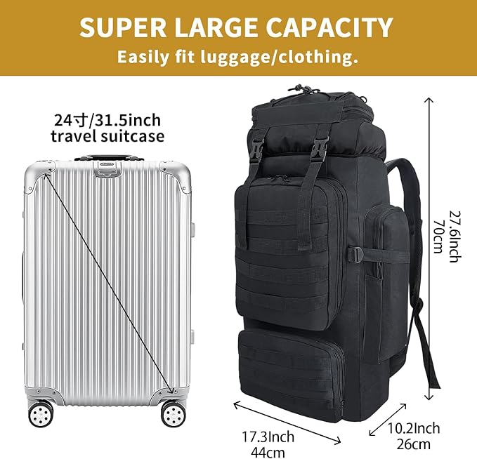 80L Hiking Backpack Men Camping Backpack Waterproof MOLLE Military Tactical Rucksack Large Capacity Assault Pack for Outdoor Survival Trekking Travel (Black)