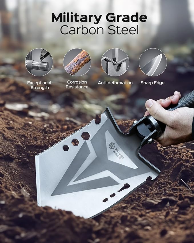 Sahara Sailor Folding Camping Shovel Axe Kit Military Grade Multifunctional Survival Tactical Shovel with Paracord Dual Color Flashlight Whetstone Emergency Gear for Camping