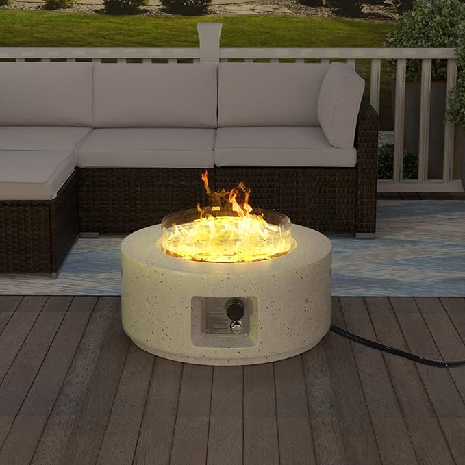 HOMPUS Outdoor Propane Fire Pit 40000 BTU 28-inch Round White Terrazzo Concrete Fire Table Gas Fire Pit with Wind Guard Lava Rocks and Rain Cover for Outdoor Pool Deck or Backyard