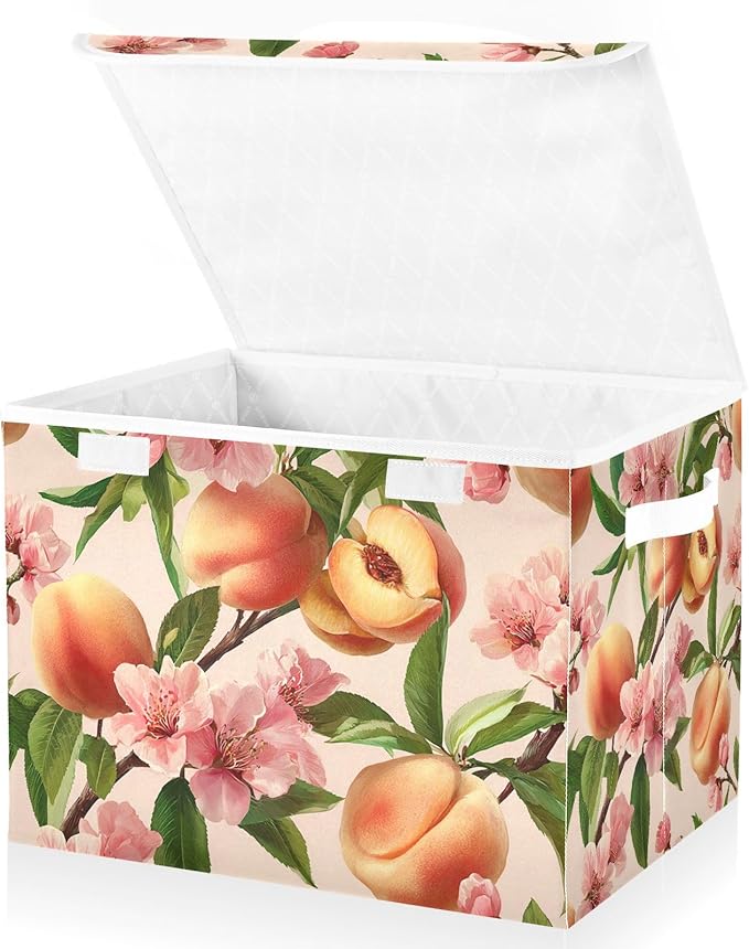 Collapsible Storage Bins with Lids Decorative Fabric Storage Cubes Closet Organizer and Storage Basket Boxes Containers for Clothes Box Chest Nursery Folding Rectangle Pink Peach Blossoms01