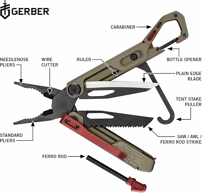 Gerber Gear Stakeout Spark - Multi-Tool Folding Knife for Backpacking Survival Camping Outdoor - Pocket Tool w/Bottle Opener Tent Stake Puller Scissors Tweezers - Coyote Brown