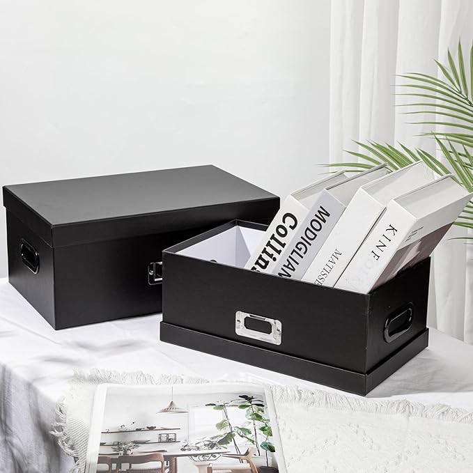 Briful Decorative Storage Boxes with Lids Set of 2 – 14'' + 13'' Set Rectangular Nesting Boxes – Cardboard Organizer with Lift-Top Lid – Black Wood for Home &amp Office