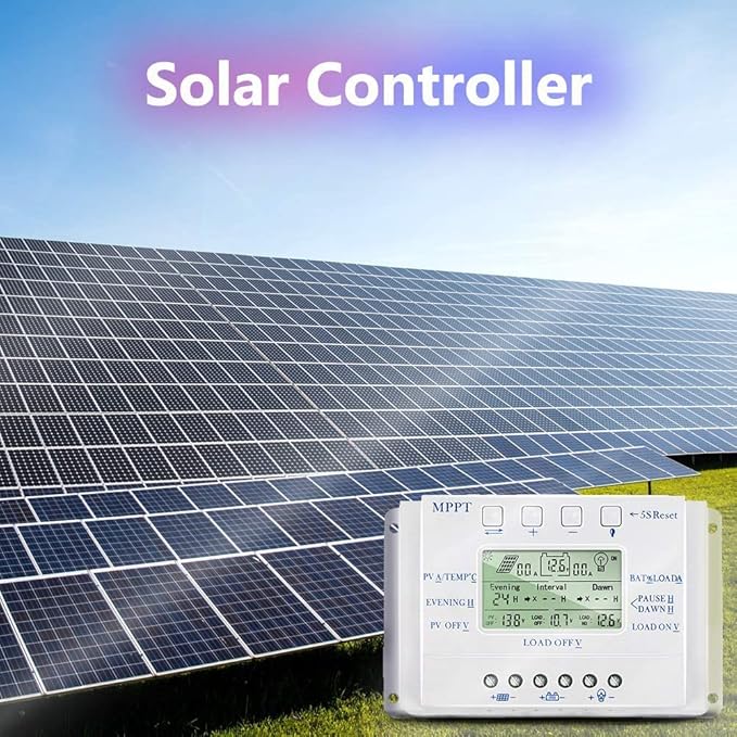 30A Solar Charge Controller 30 amp Solar Panel Regulator with Load Timer 12V 24V Auto with LCD Display USB 5V 1500mA and Usd for Control Landscape Lights and Water Features