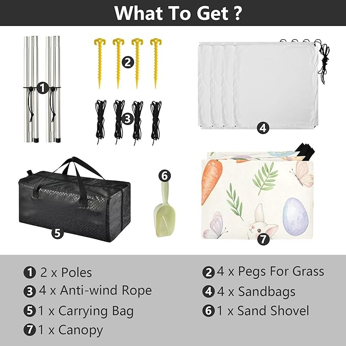 Easter Bunny Beach Canopy Sun Shelter with Sandbags &amp Sand Shovel &amp Windproof Ropes - Portable 110x126 Beach Shade Beach Tent for Camping Picnics