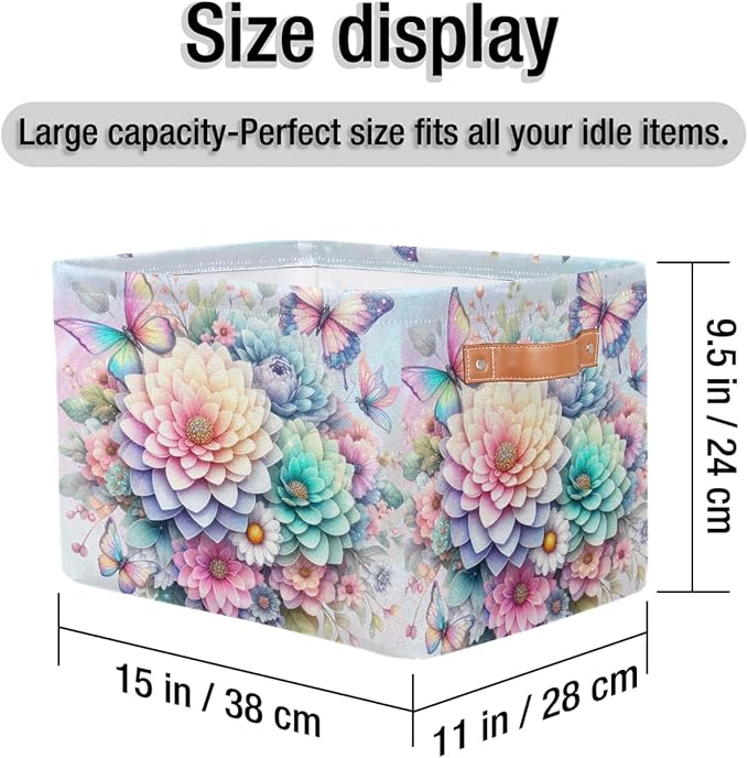 Pardick Basket Storage Bins Rainbow Flower Floral Rectangle Cube Basket Box Kids Girls Boys Toys Organizer Beaket Decor Foldable with Handle for Living Room Bedroom Closet Nursery Office Shelf Gifts