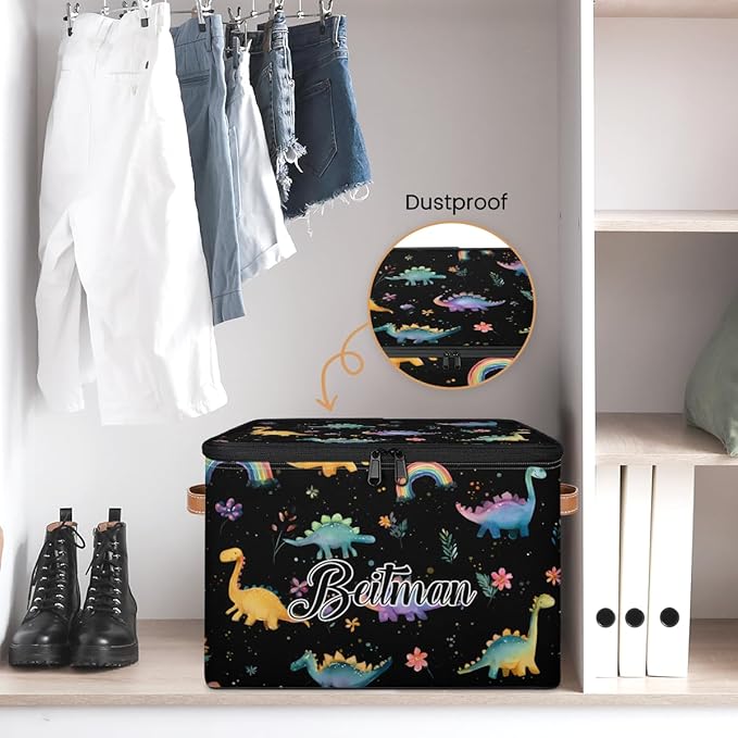 Storage-Bins with Lids Personalized Closet-Storage-Bins Under-Bed Stackable-Cubes-Box for Home Bedroom Dinosaur