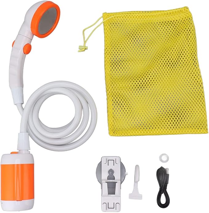 Gavigain Portable Outdoor Shower Electric Shower Outdoor Shower Pump Stainless Steel PVC 3 Gear Electric Camping Shower Pump for Hiking Backpacking Camping Travel Beach Pet (Orange White)