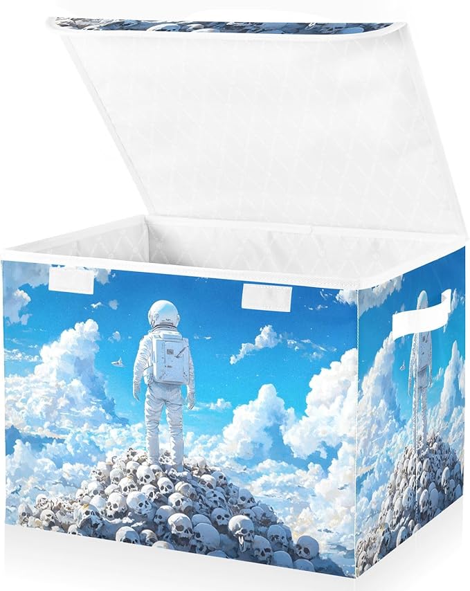 Storage Cube with Lid Skull Pile Astronaut Print 16.5×12.6×11.8 IN Collapsible Large Capacity Foldable Storage Basket Bin Organizer