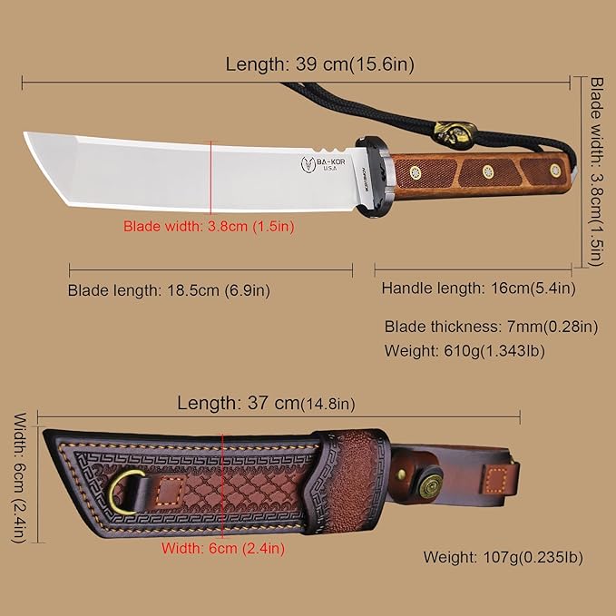 BA-KOR 7mm 9CR18MOV steel (15.6IN) sandalwood handle full Tang fixed knife+scabbard+(single shoulder strap)&amp(5.9IN) cerium igniter suitable for outdoor hunting camping survival EDC tool knife