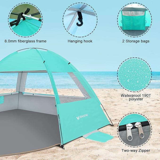 Venustas Beach Tent Sun Shelter for 3/4/6/8 Person UPF 50+ UV Protection Beach Canopy Lightweight and Easy Setup Cabana Portable Shade Tent