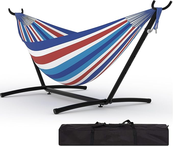 Double Hammocks with Stand for Outside Portable Space Saving Heavy-Duty Steel Stand for Indoor Outdoor Patio with Carrying Bag 450 lbs Capacity