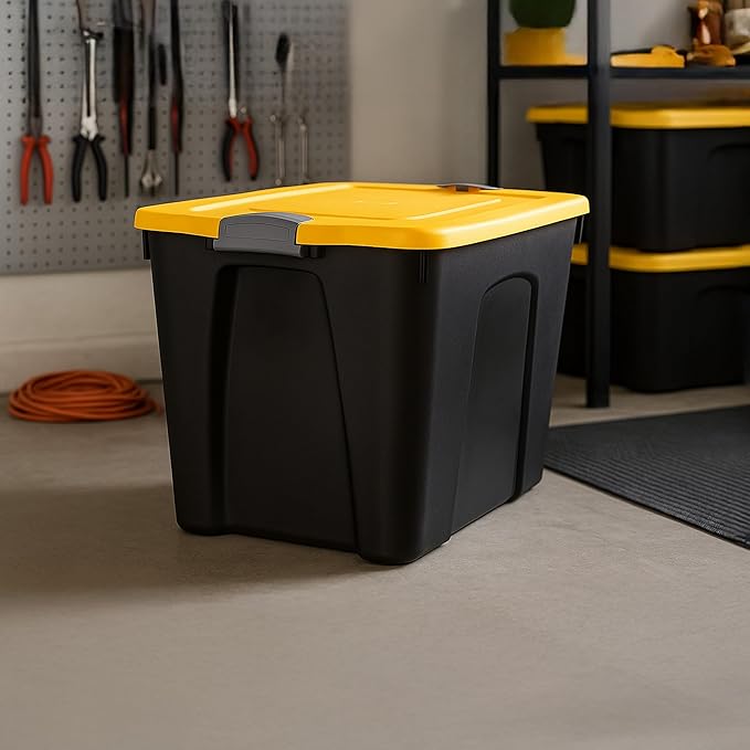 Homz 22-Gallon Durabilt Plastic Stackable Home Office Garage Storage Organization Container Bin w/Latching Lid and Handles Black/Yellow (4 Pack)