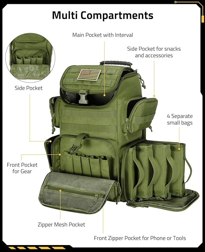 CVLIFE Tactical Range Backpack with Removable Divider Gun Cases Bag with 4 Pistol Carrying Cases Rucksack for Shooting (Army Green Medium)