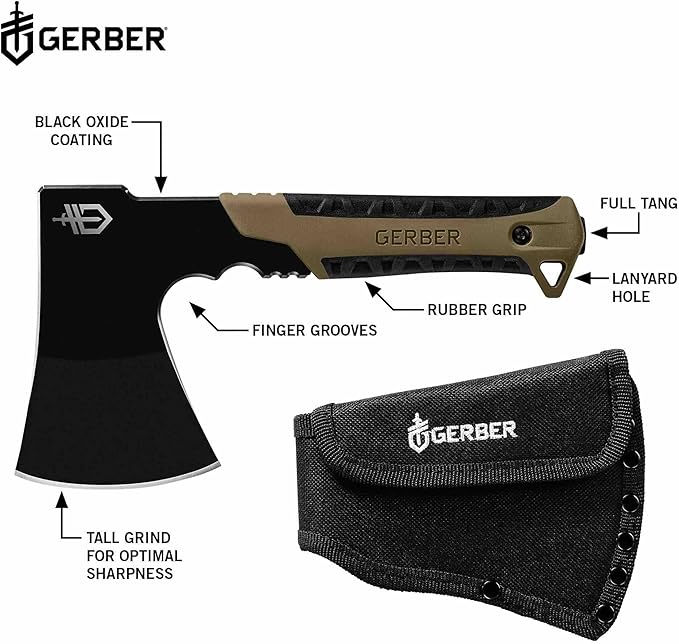 Gerber Gear Pack Hatchet - 3.5 Steel Blade Axe with Full Tang - Survival Bushcraft and Camping Gear - with Mountable Nylon Sheath - Brown