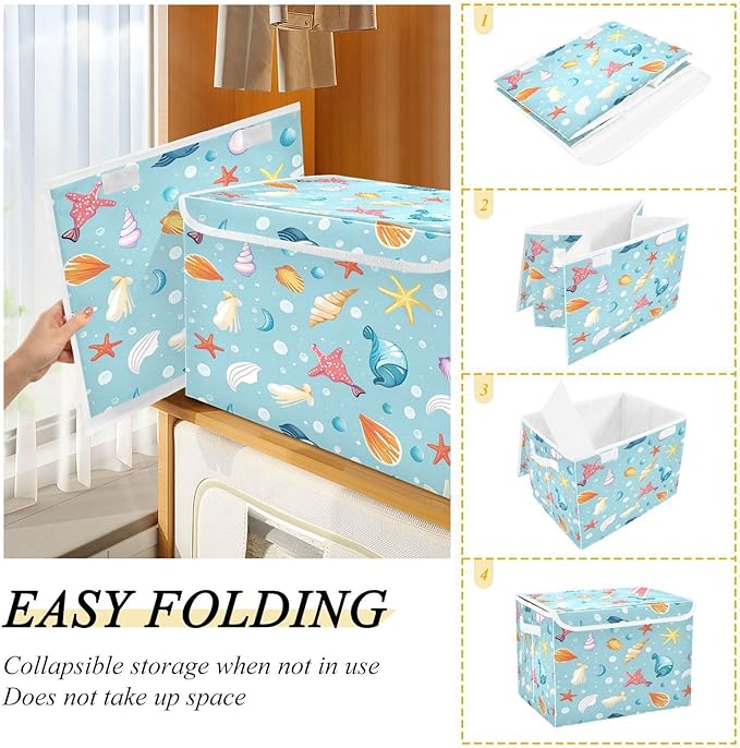 Storage Bins With Lid Stackable Fabric Closet Organizer Clothing Storage Large Boxes For Closet Shelves Bedroom Blue Marine Icons
