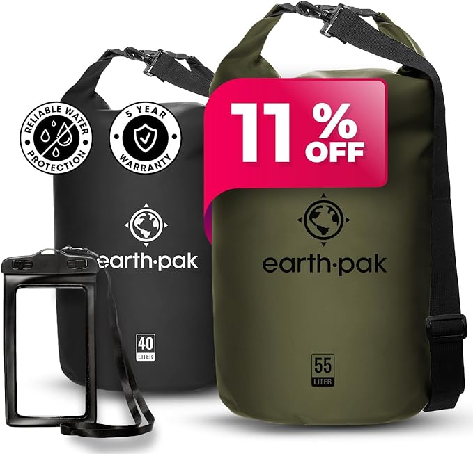 Earth Pak Waterproof Dry Bag - Roll Top Waterproof Backpack Sack (Forest Green 55L &amp Black 40L)