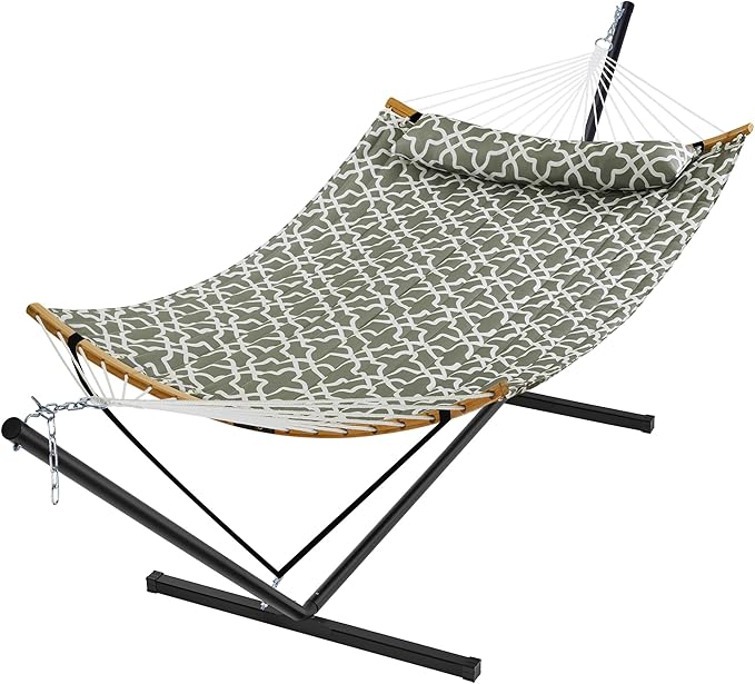 SUPERJARE Hammock with Stand 2 Person Heavy Duty Hammock with Padded Cotton Detachable Pillow &amp Strong Curved-Bar &amp Portable Carrying Bag Perfect for Outdoor &amp Indoor Grey with White F