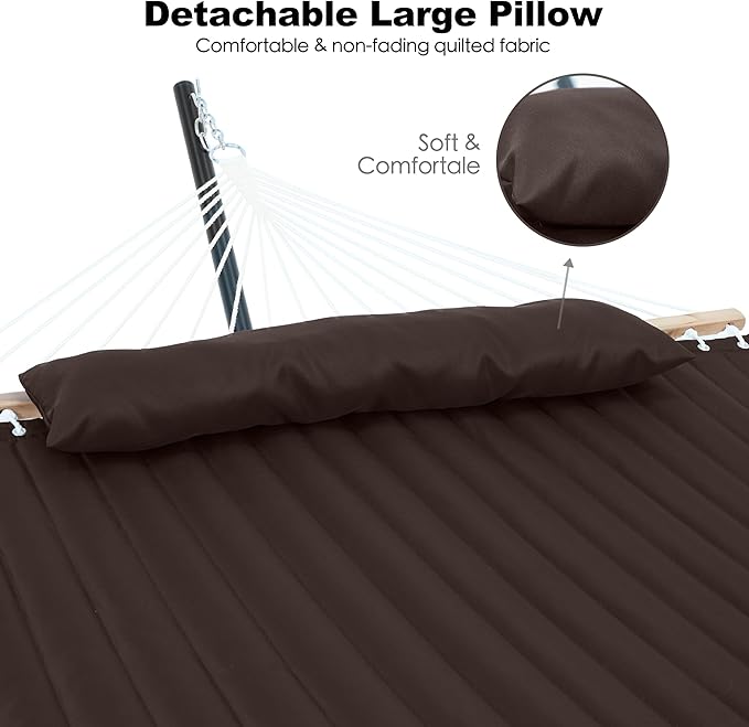 GAFETE 2 Person Hammock with Stand for Outside Heavy Duty Steel Stand Double 55inch Hammocks Large Removable Pillow Storage Bags Max 475 lbs Capacity (Brown)