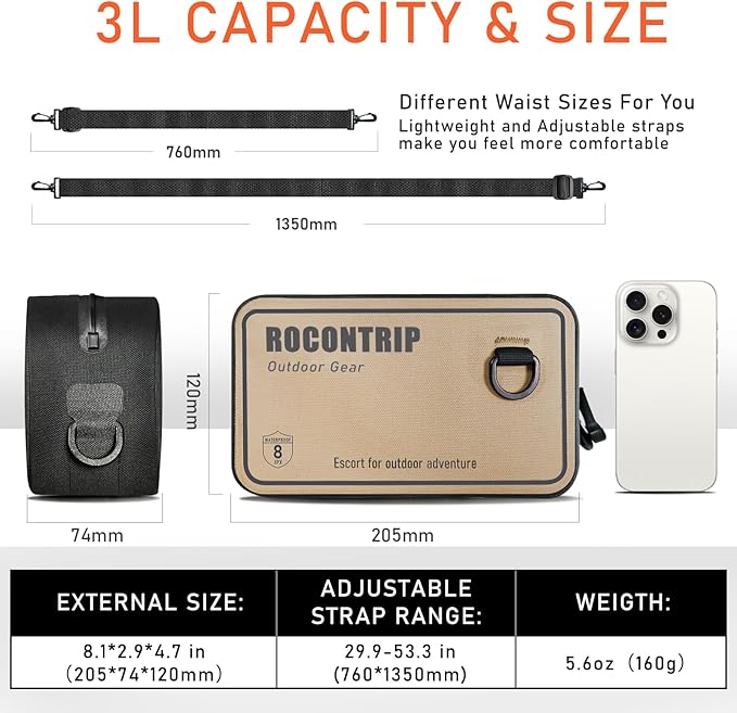 ROCONTRIP 100% Waterproof Dry Bag Dry Waist Pack with Airtight Zipper Adjustable Strap Sling Bag Lightweight Crossbody Dry Bag for Kayaking Snorkelling and Swimming (Khaki)