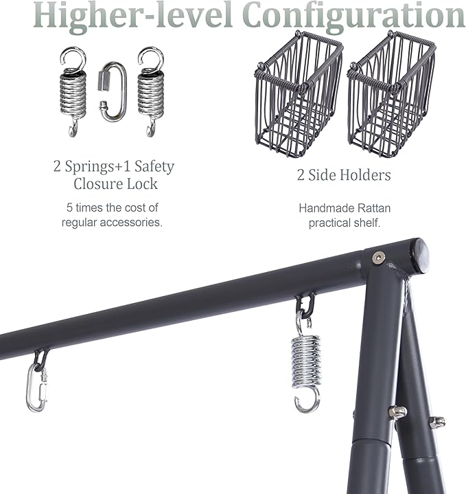 YOXIFOC Reinforced Base &amp Triangular Structure Hammock Stand with 2 Storage Baskets Swing Stand with 3 Hooks Fit for Most Hanging Chair for Oudoor&ampIndoor (with Chair) (Gray)