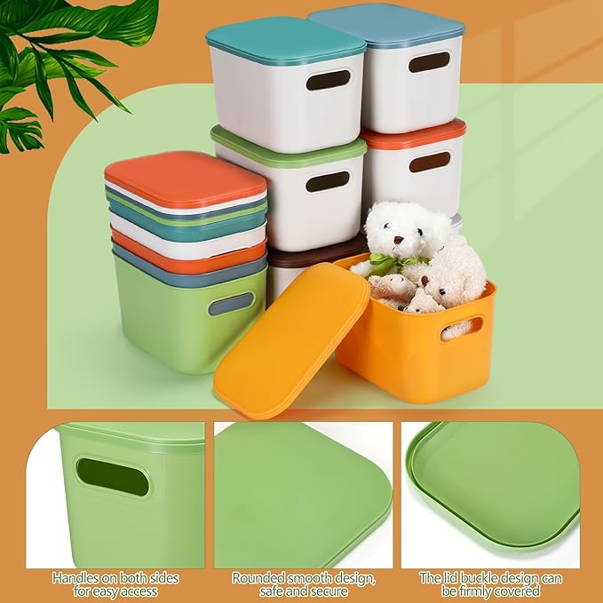 Thyle 12 Pack 7 Quarts Plastic Storage Bins Stackable Baskets with Lid and Handle with Label Colorful Desktop Box Toy Containers for Classroom Shelf Bedroom 10 x 7 x 6 Inch (Stylish Color)