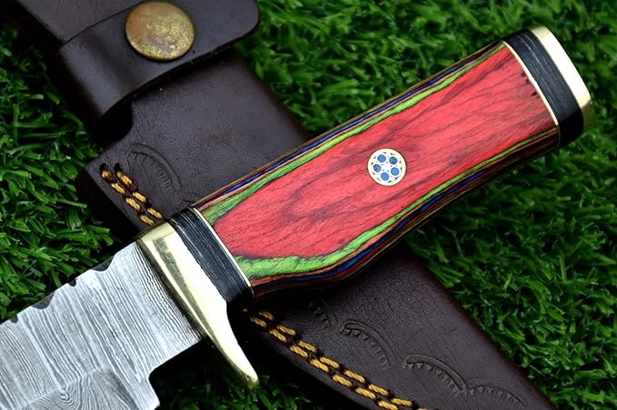 8-Inch Hand-Forged Damascus Steel Hunting Knife Fixed Blade Skinning Design with Leather Sheath Multicolor Wood Handle Brass Guard Twist Pattern Blade for Camping (Red/Green)