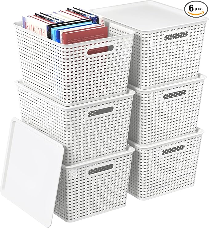 Begale White Plastic Storage Baskets with Lids 14 x 11.6 x 8.7 6 Packs Stackable Storage Bins Containers for Organizing