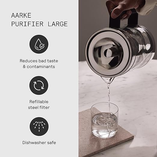 Aarke Purifier Large Glass Pitcher Bundle w/Steel Filter BPA-Free 3 Enriched + 1 Pure Granules 2.8L Pitcher with 1.66L Filtration Capacity