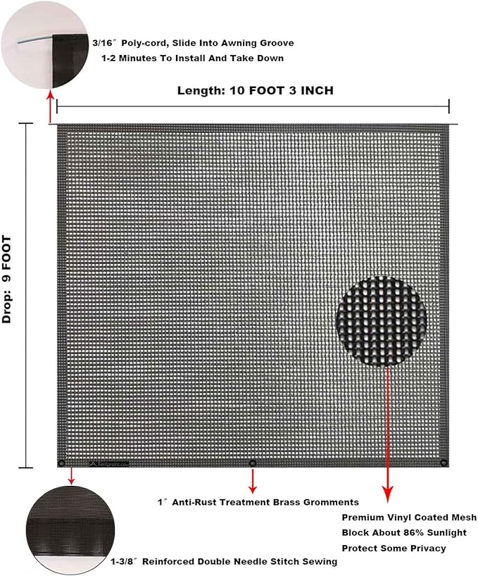 Tentproinc RV Awning Sun Shade Screen 9' X 10' 3'' (Fit for 11' Awning) Mesh Sunshade for RV Awning Sunscreen Block UV Glare Motorhome Camping Trailer Awning Screenshade - 3 Year Warranty (Black)