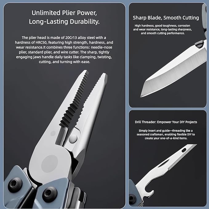 Multitools 20-in-1 Full-Size Lightweight EDC Multi-Purpose Pliers Folding Knife Nylon Bag Portable Tools Men Gift Ideas Equipment for Emergencies Hiking and Outdoor Camping (Blue)