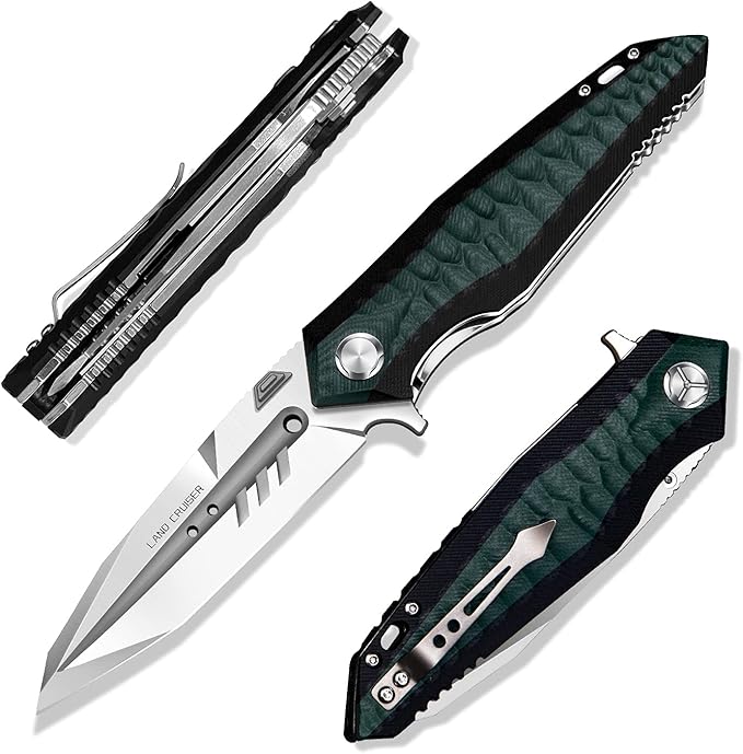 folding pocket knife with 4in d2 tool steel bladeliner lock g10 handleedc camping hunting knives with clip for men and women (green)