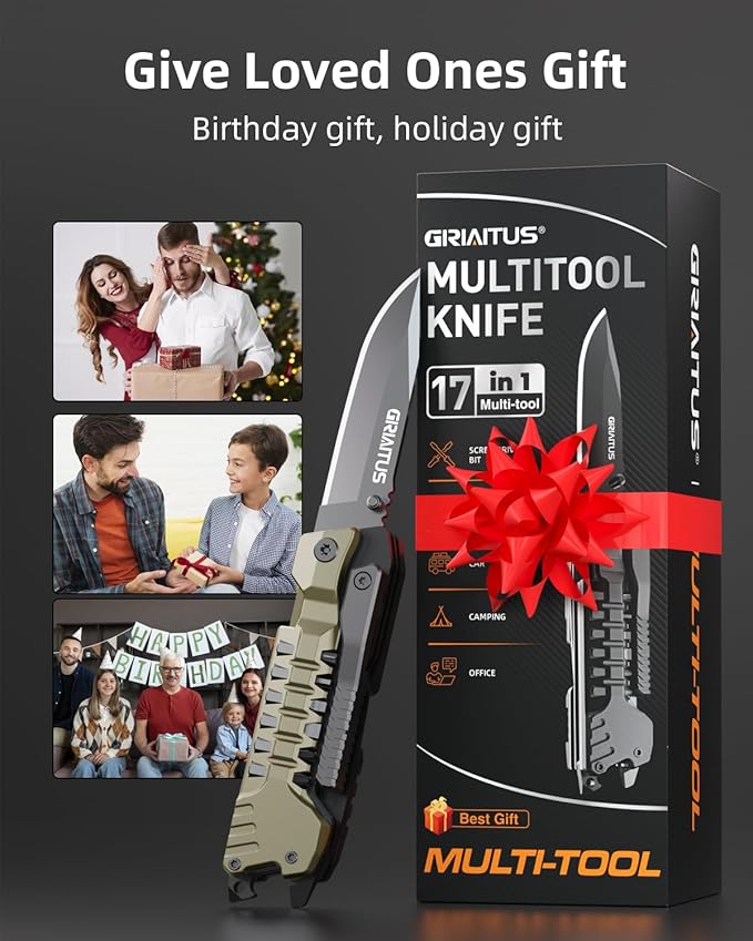 Multitool Knife 17 in 1 Pocket Knife with Screwdriver Fire Starter Sticks Bottle Opener Saw Whistle Nylon Sheath EDC Gear for Survival Camping Hiking Outdoor Gifts for Dad - Desert Gray