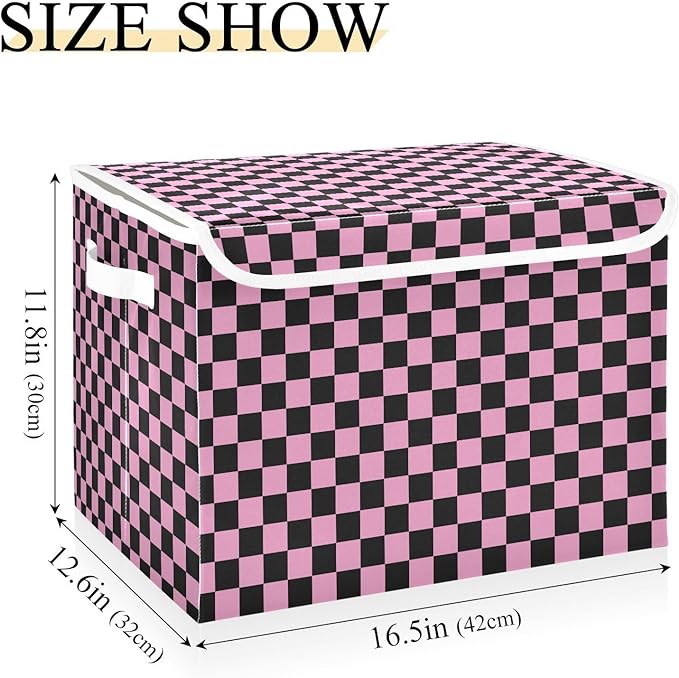 Pink Black Checkerboard Storage Baskets Lidded Bin Foldable Storage Boxes Cubes Lids with 2 Handles for Organizing Closet Home Office