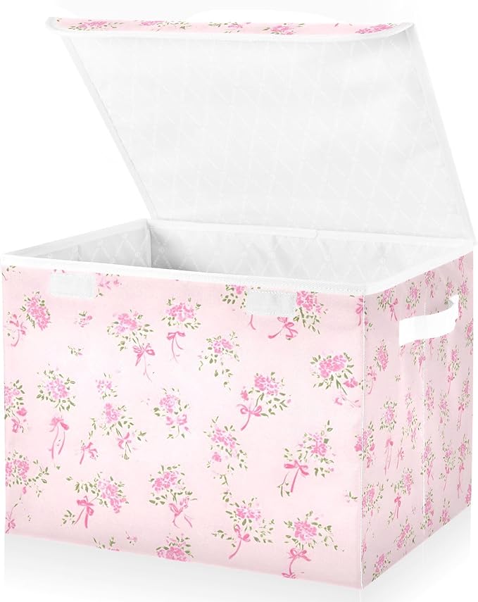 ALAZA Pink Small Floral Storage Bins Organizer Box Baskets Lidded Clothes for Shelves Closet Collapsible Stackable Storage Cubes Handles